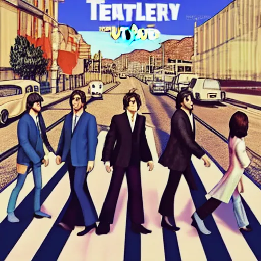 Prompt: The Beatles (1967) in GTA V, cover art by Stephen Bliss, artstation, no text