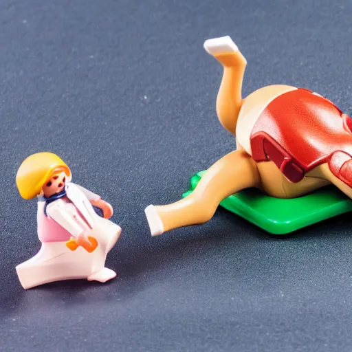 Prompt: Ham Shoulder Leg falling on the head of a playmobil