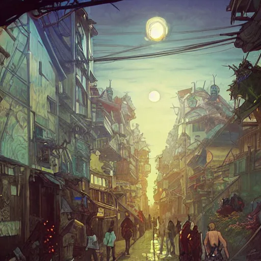 Image similar to Tlingit Maori solarpunk post-apocalyptic city street scene by Greg Rutkowski, Alphonse Mucha, Anato Finnstark, and Studio Ghibli