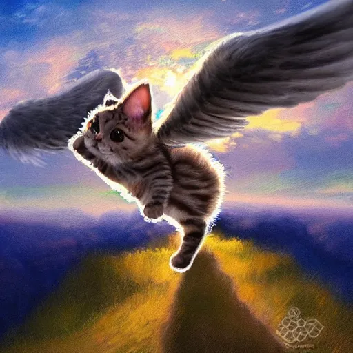 Prompt: a photograph of cute cat with wings flying towards the sunset, highly detailed, photorealistic, impressionism style