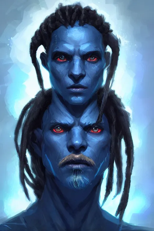 Image similar to portrait of a blue skin genasi with a square jaw from d & d by greg rutkowski, blue skin, black dreadlocks and small beard, tempest priest, runic rings, d & d character, blue, black background, highly detailed portrait, digital painting, artstation, concept art, smooth, sharp foccus ilustration, artstation hq
