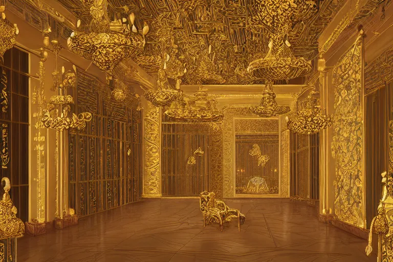 Image similar to Fantasy Asian inspired royal throne room with infinitely high ceilings, infinitely long corridors, gilded and bejeweled, natural lighting, digital painting, concept art by Shaddy Safadi