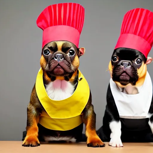Image similar to a 8k highly detailed still photo by Anne Geddes of Two multi-colored French Bulldogs in chef hats and aprons starring on a cooking show