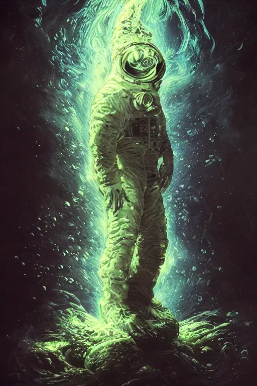 Image similar to close up shot of a full body floating astronaut portrait water elemental fading into water, high contrast, james gurney, peter mohrbacher, mike mignola, black paper, mandelbulb fractal, trending on artstation, exquisite detail perfect, large brush strokes, bold colors, intricate ink illustration, black background