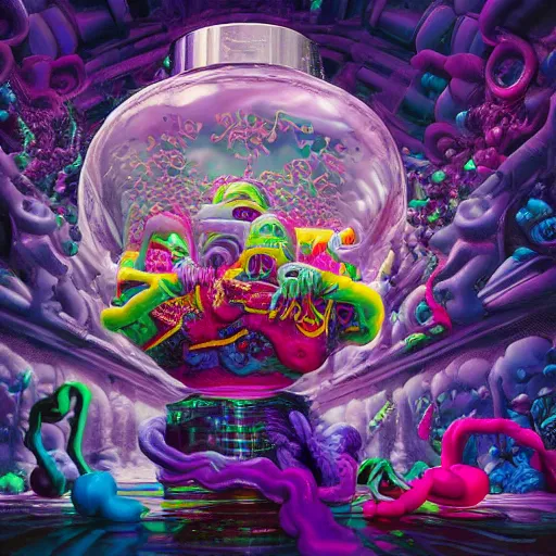 Prompt: jelly rococo gel skeleton vaping plasma and colorful auras, liquid, drippy, splashing, scifi 3 d paint spray by beeple, fernando botero, jeff koons, ivan shishkin, m. c. escher