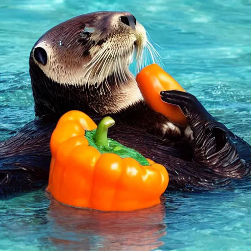 Prompt: sea otter swimming in the water hugging an orange bell pepper