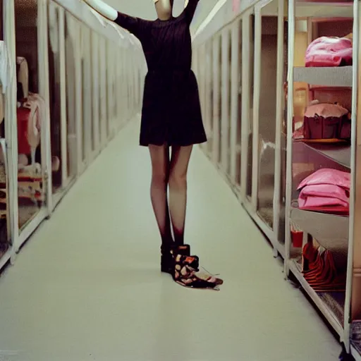 Image similar to empty retail backroom room with a lone surprised fashionable mannequin girlfriend in front of the camera cinestill 7 0's film liminal