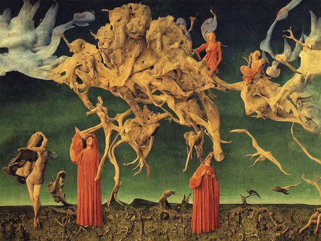 Image similar to the limitless plains of reptilian sorrow. Night of the star gazer. God trapped in the mud. Flock of birds. Painting by Jan van Eyck, Fra Filippo Lippi, Rene Magritte, Agnes Pelton, Max Ernst, Beksinski