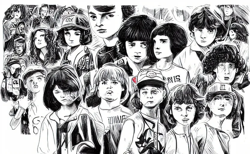 Prompt: ''Stranger Things drawning in style of manga, black and white, high quality, japanese, sketch''