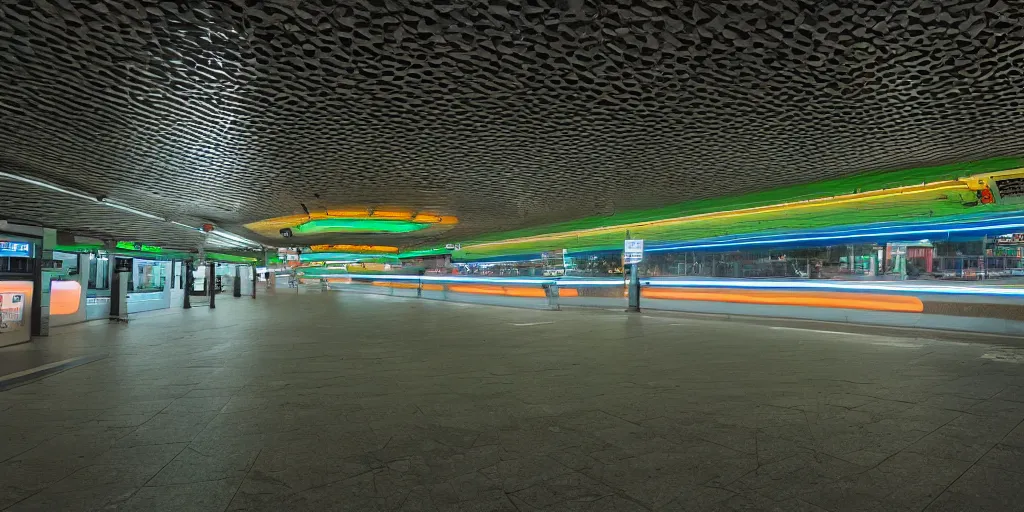 Image similar to empty subway station at night lit up by fluorescent, led and neon lights, night photography