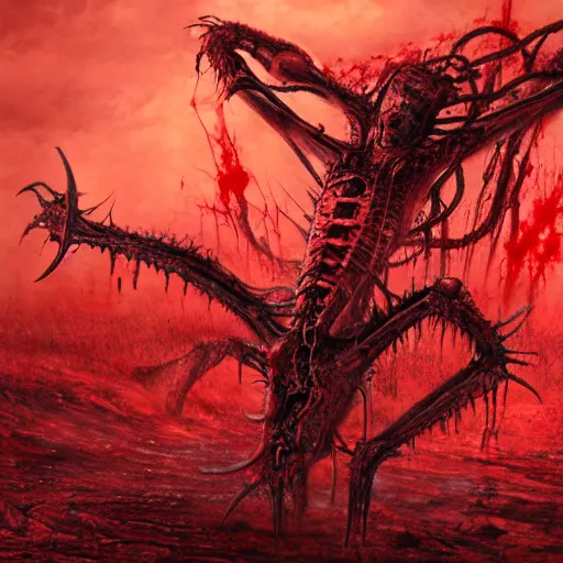 Prompt: landscape artwork of conjoined demon twins emerging from corpses in a red hellscape covered in blood by Yoshitaka Amano, by HR Giger, full body wide shot, biomechanical, 4k, hyper detailed, hyperrealism, anime, red sky, blood and body parts, deviantart, artstation