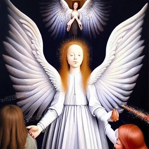 Image similar to highdetailed hyperrealistic painting of white angel!!! no gender smiling noface!!!, light instead of hands, white sparkles everywhere, 4 k hd face!!!, big silver high detailed wings!!!, renaissance, by jan van eyck, holography space, glow effect, large strokes, monochrome!!!!!