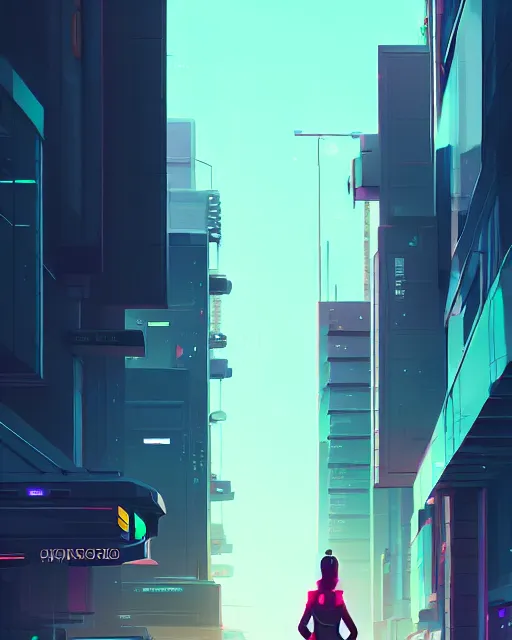 Prompt: a woman walking down a street next to tall buildings, cyberpunk art by james gilleard, cgsociety, photorealism, speedpainting, artstation hq, artstation hd