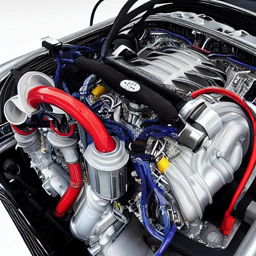 Image similar to “ferrari F136 engine in a Subaru viewed from above, no front end, photograph wide angle”