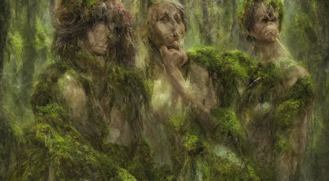 Prompt: Singular 65 year-old Gaia goddess covered in moss, crying softly and humbly, in desolate land, highly-detailed, elegant, dramatic lighting, artstation, 4k