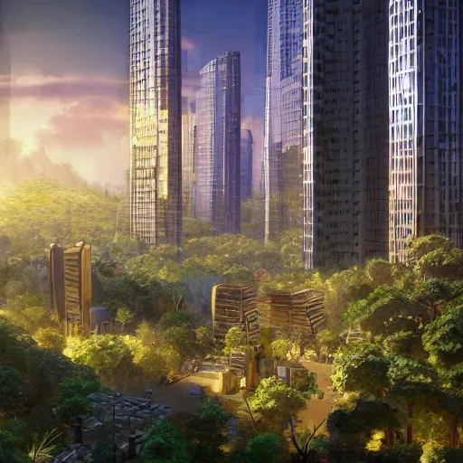Prompt: a solarpunk cityscape in the forest, skyscrapers, flying cars, high - rise gardens, redwoods, concept art, architectural concept diagram, golden hour