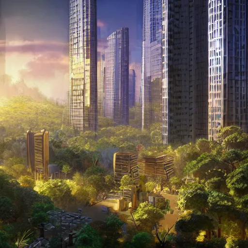 a solarpunk cityscape in the forest, skyscrapers, | Stable Diffusion ...