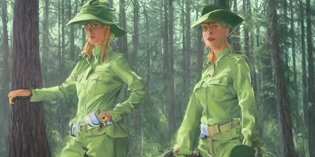 Prompt: forest ranger masterpiece female, oil painting charles vess, green silk clothes, artstation,