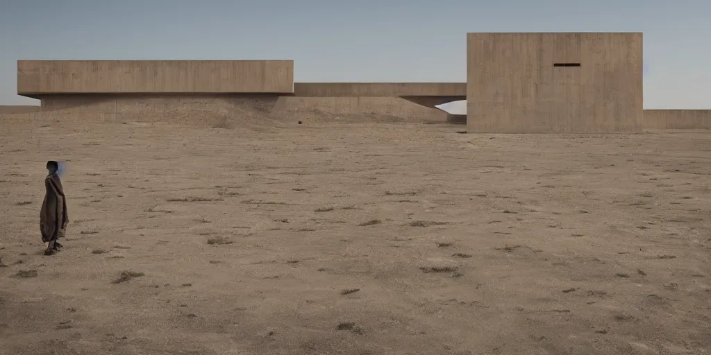 Image similar to imposing geometric concrete buildings in a barren desert wasteland