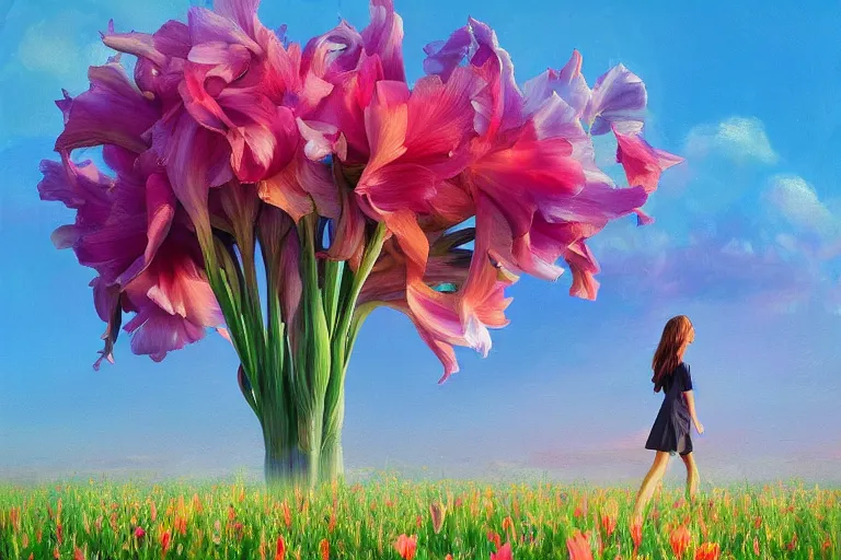 Image similar to giant gladiola head, girl walking in field of flowers, surreal photography, sunrise, blue sky, dramatic light, impressionist painting, digital painting, artstation, simon stalenhag