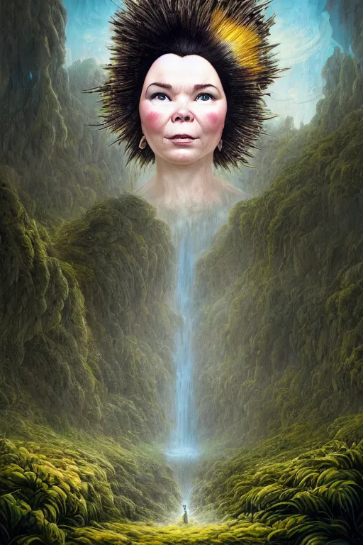 Image similar to bjork portrait by hubert robert and lee madgwick and roger dean and jacek yerka, dan mumford and alex grey style, soft lighting, 4 k hd wallpaper illustration concept joy atmospheric lighting