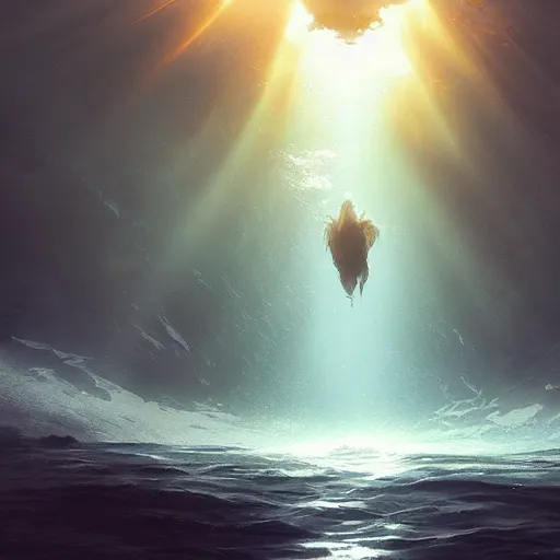 Image similar to falling into the deep, god rays, drowning, artstation, 4k, by greg rutkowski,