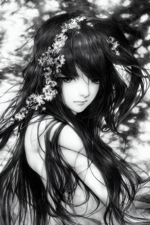 Prompt: a portrait of a character in a scenic environment by Yoshitaka Amano, black and white, dreamy, dark eyes, wavy long black hair, highly detailed