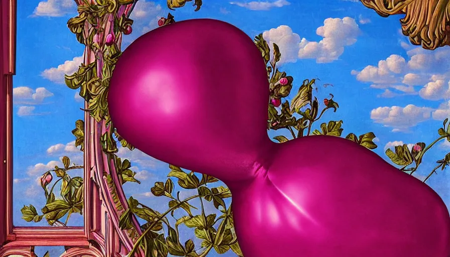 Prompt: a huge standalone hyperrealistic photorealistic hyperdetailed window reflecting an interesting magenta balloon, seen from the distance. art nouveau rococo in the style of caravaggio and botticelli. unexpected maximalist fabric elements hd 8 x matte background in vibrant vivid pastel colour textures