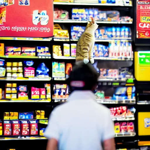 Prompt: Cat employee working in convenience store, high detail