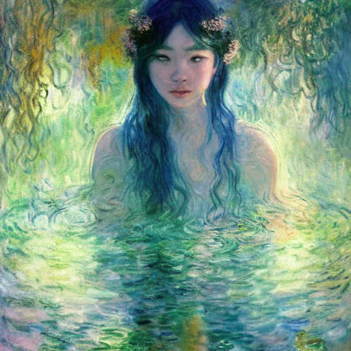 Image similar to the oracle of waters by ross tran and claude monet, oil on canvas