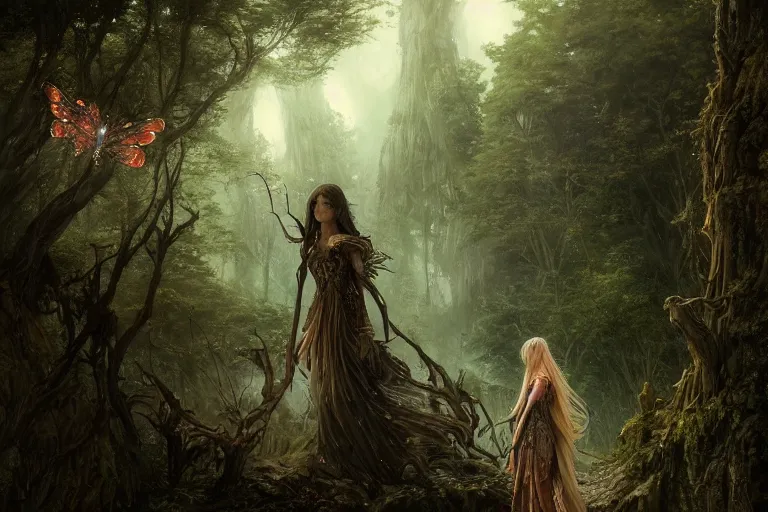 Prompt: detailed intricate digital illustration by greg rutkowski and david friedrich and ruan jia and fenghua zhong and steven belledi ; portrait of fairy girl standing in gothic fantasy valley and forest faerie fey unseelie in background ; 1 3 mm film, arri alfa anamorphic lens ; sharp focus, eventide, fireflies ; trending on artstation 8 k