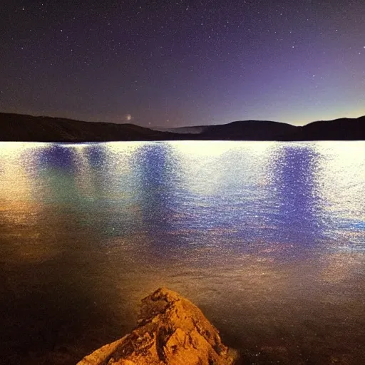 Prompt: “dark blue lake at night with tiny island being illuminated by moonlight, stars in sky”
