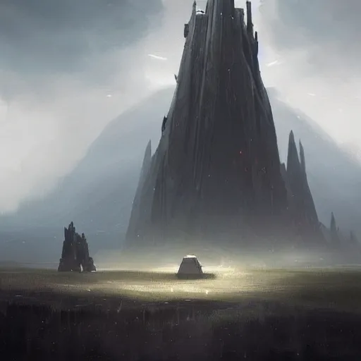 Image similar to star wars concept art by greg rutkowski, a palatial and imposing dark tower in the middle of a highland landscape, enigmatic atmosphere, beautiful and cinematic lighting, artstation hq.