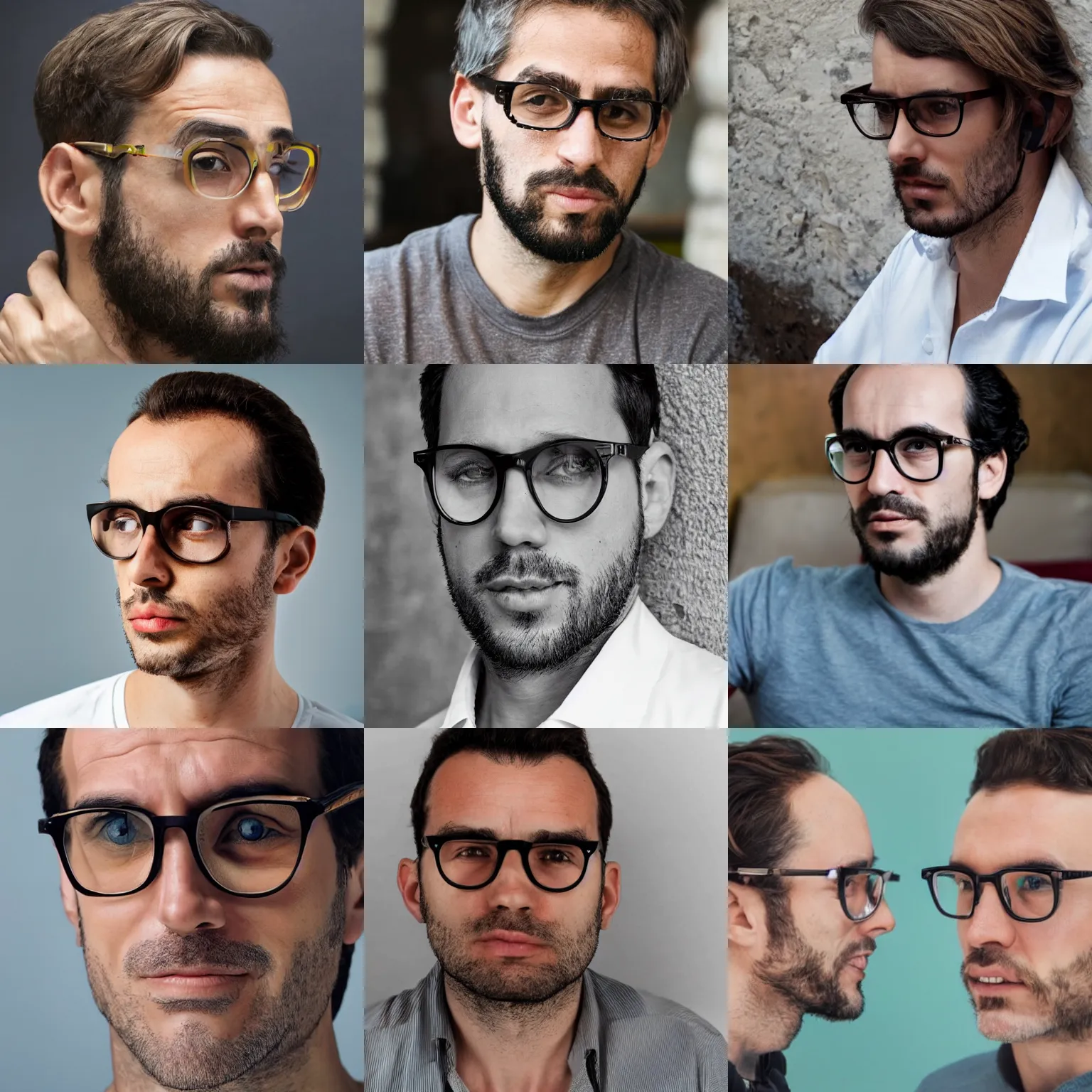 Prompt: a iberian italian guy long face pale with round glasses kinda huge forehead ugly with a weak chin and a petitgoatee