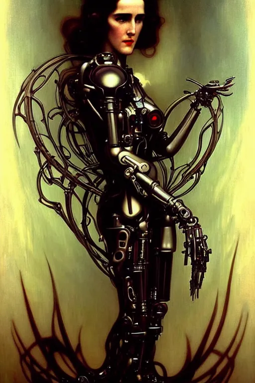 Prompt: young and beautiful evil cyborg jennifer connelly by future steichen in the style of tom bagshaw, alphonse mucha, gaston bussiere, cyberpunk. anatomically correct elegant cybernetic body mods. extremely lush detail. masterpiece. melancholic scene infected by night. perfect composition and lighting. sharp focus. high contrast lush surrealistic photorealism. sultry evil plan.
