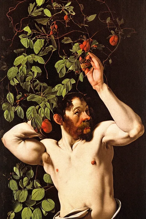 Prompt: a man watering a pottered plant with overgrown vines, by caravaggio