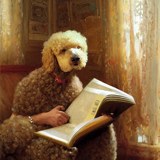 Image similar to a poodle reading a big book, highly detailed painting by gaston bussiere, craig mullins, j. c. leyendecker 8 k