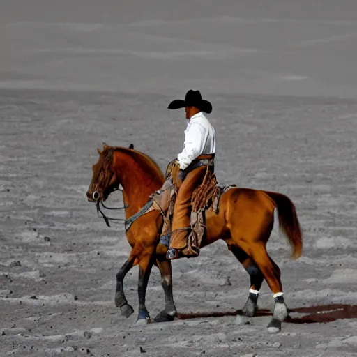 Prompt: a cowboy on horseback on the moon, earth in the distant sky, 5 0 mm