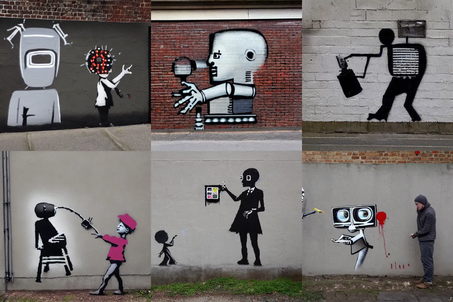 Prompt: Satirical painting about artificial intelligence producing art on a wall by Banksy