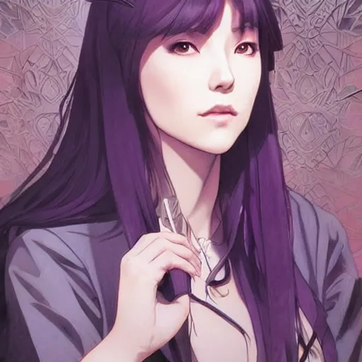 Image similar to kyoko kirigiri, portrait by artgerm, greg rutkowski and alphonse mucha, absolutely gorgeous, detective