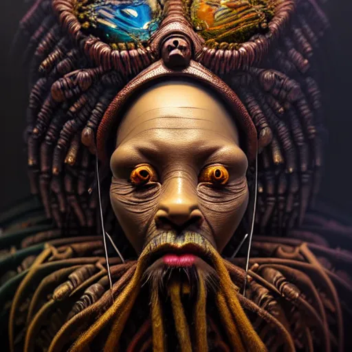 Image similar to a beautiful surreal illustration of witchdoctor highly detailed, liquid oilpaint, doug chiang, gustave dore, leonardo da vinci, trending on artstation, industry, lucid and intricate, rectilinear, digital art, octane, redshift, vray, 8 k, 6 4 megapixels, zbrush central, behance hd, hypermaximalist, well rendered