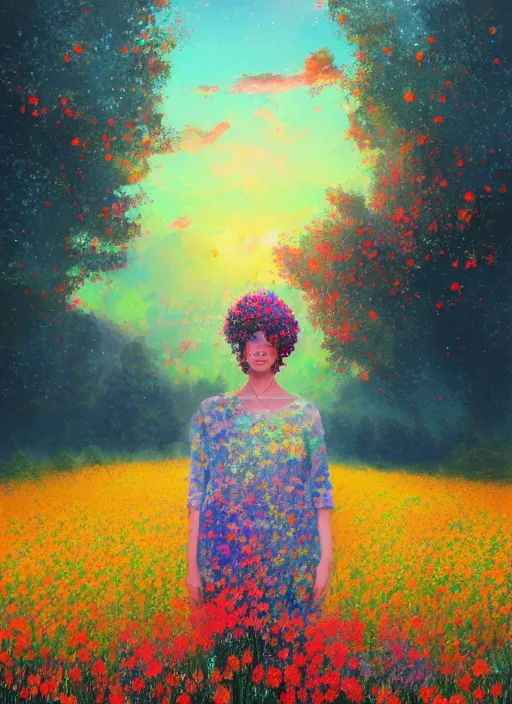 Image similar to girl with flower as a face, flower dress, standing in a flower field, big trees, sunrise dramatic light, impressionist painting, colorful clouds, digital painting, pointillism, artstation, simon stalenhag