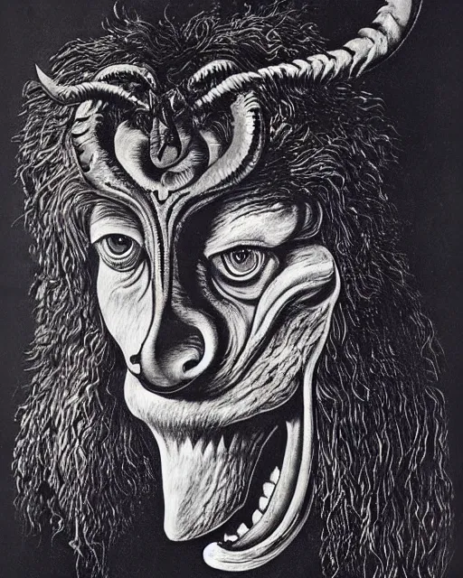 Prompt: a creature with the body and eyes of a man, with the beak of an eagle, the mane of a lion, and the horns of an ox. drawn by salvador dali