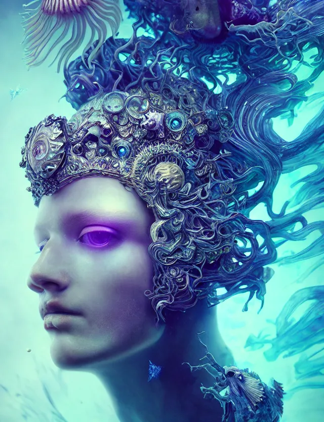 Image similar to goddess macro close - up portrait wigh crown made of ram skull. betta fish, jellyfish phoenix, bioluminiscent, plasma, ice, water, wind, creature, super intricate ornaments artwork by tooth wu and wlop and beeple and greg rutkowski