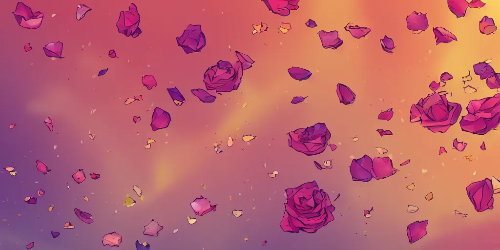 Image similar to background art of spaciously scattered flower petals flowing and floating through the air from left to right on a simple sunset background, large individual rose petals, polygonal fragments, anime, artgerm, manga, trending on artstation, art nouveau, mature color scheme