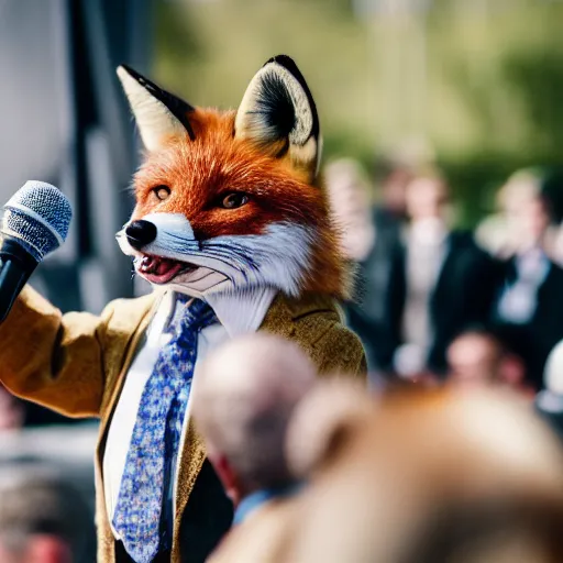 Image similar to a fox animal dressed in a suit giving a presidential speech, 8 5 mm f / 1. 4