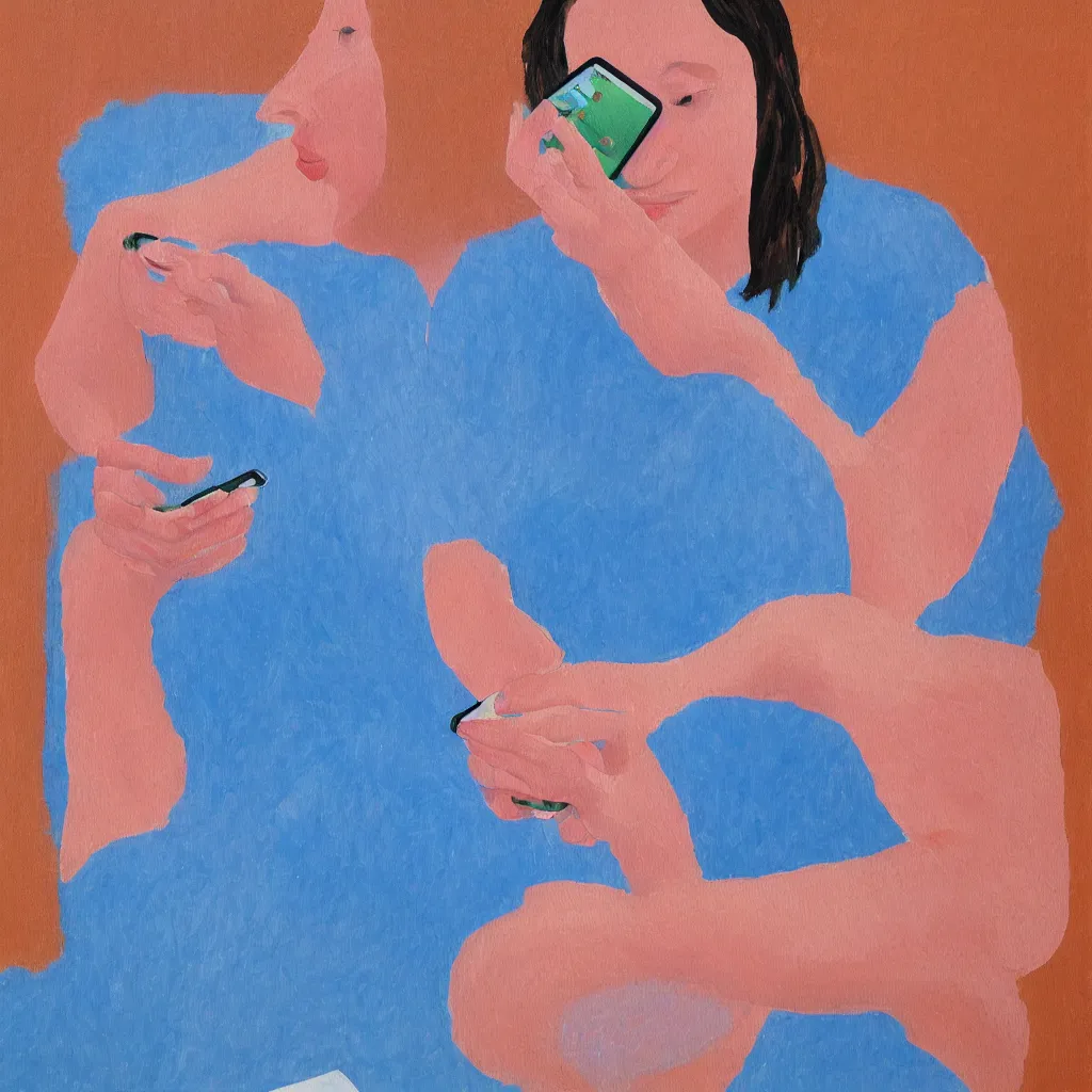 Image similar to i, a photorealistic painting of a beautiful woman playing her iphone, by david hockney