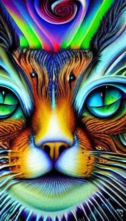 Prompt: watermarked, fractalism art, metaphysical art, poster art, airbrush art, psychedelic art, airbrush art, poster art, a painting of a cat with big eyes, hyperdetailed art, trending on artstation, ultrafine details