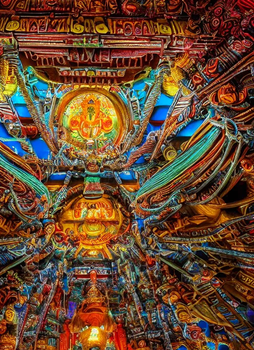 Image similar to breathtakingly beautiful ultrawide angle colour masterpiece weird dream, low angle view from inside a hindu temple, strange beautiful cybertronic temple, cables and tubes, eyes, incredible sense of depth and perspective and clarity, hyperrealism, realistic, symmetry symmetrical, 8 k