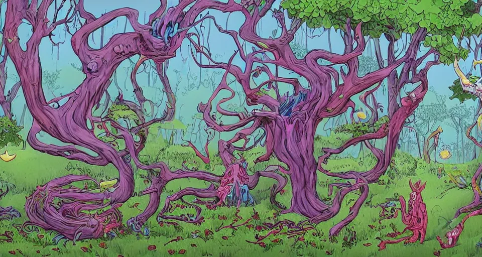 Image similar to Enchanted and magic forest, by alex pardee